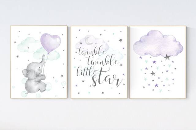 Elephant Nursery Decor Purple Mint Starry Sky Wall Art - image 1