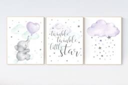 Elephant Nursery Decor Purple Mint Starry Sky Wall Art - thumbnail 1
