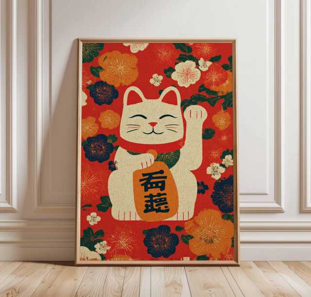 Japanese Maneki Neko Print, Lucky Cat Poster, Asian Home Decor - image 1