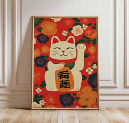 Japanese Maneki Neko Print, Lucky Cat Poster, Asian Home Decor - thumbnail 1