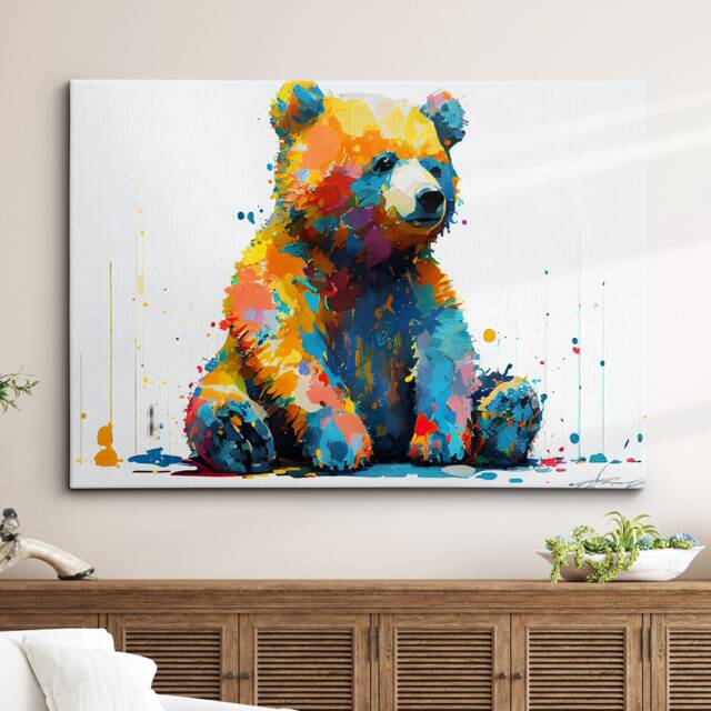 Teddy Bear Sitting Down Animal Abstract Modern Painting Wall Art, Framed Canvas Poster Print, Home Kitchen Office Room Decor, Kids Gifts - image 1