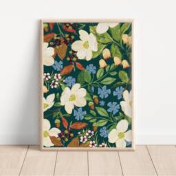Dark Blue Floral Art Print Autumn Woodland Decor - thumbnail 1
