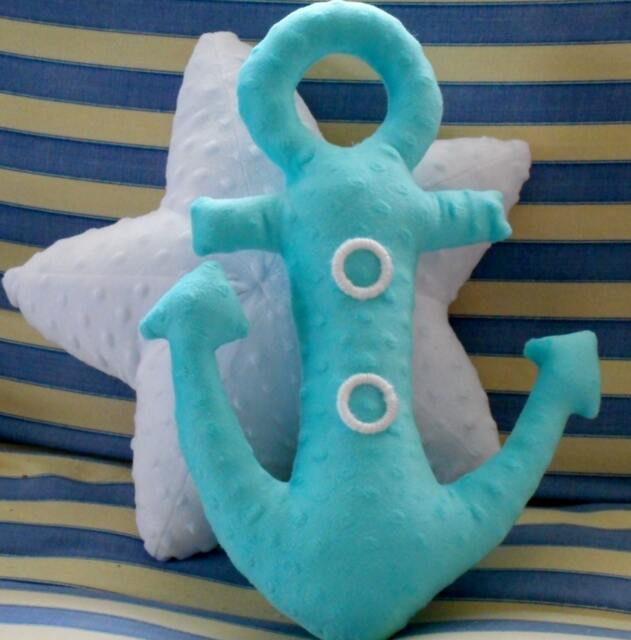 Aqua Minky Dot Anchor Pillow Nautical Nursery Decor - image 1