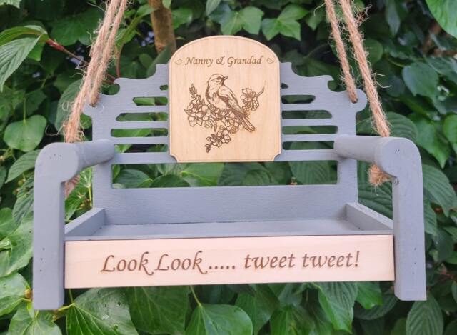 Personalised Bird Feeder, Seed, Swing Bench, Wooden Chair, Nanny Garden, Engraved Sign, Feed The Birds, Garden Gift, Christmas Present - image 1