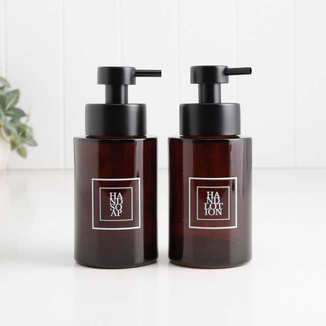 Set Of 2 Amber Glass Dispensers With White Square Labels - 250Ml Refillable Pump Bottles Hand Soap & Lotion Bathroom - image 1