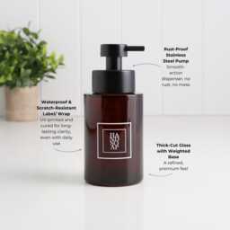 Set Of 2 Amber Glass Dispensers With White Square Labels - 250Ml Refillable Pump Bottles Hand Soap & Lotion Bathroom - thumbnail 2