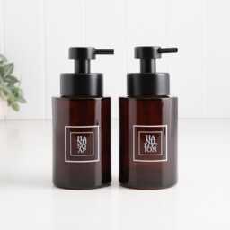Set Of 2 Amber Glass Dispensers With White Square Labels - 250Ml Refillable Pump Bottles Hand Soap & Lotion Bathroom - thumbnail 1