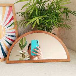 Half Circle Wooden Frame Mirror, Boho Arched Home Decor - 13.8x6.9 Inches - thumbnail 2