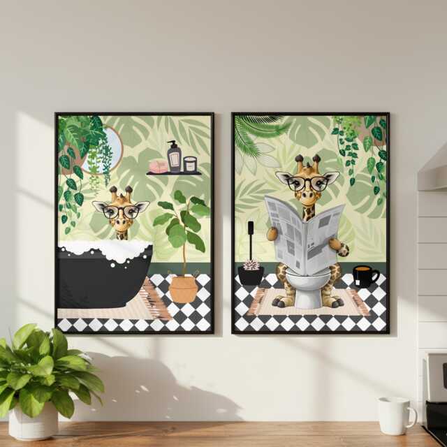 Giraffe Bathroom Prints, Bath & Toilet Art, Set Of Two Green Prints - image 1