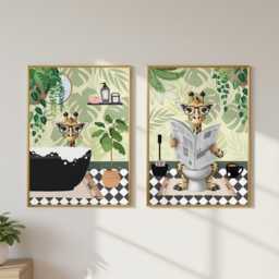 Giraffe Bathroom Prints, Bath & Toilet Art, Set Of Two Green Prints - thumbnail 3