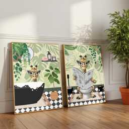 Giraffe Bathroom Prints, Bath & Toilet Art, Set Of Two Green Prints - thumbnail 2