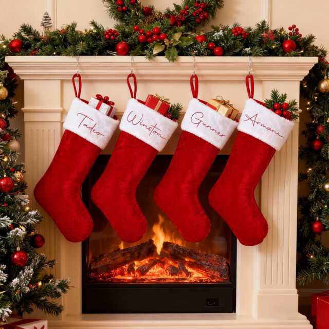 Personalized Velvet Christmas Stockings, Family Red Plush Monogram Holiday Socks Decor - image 1