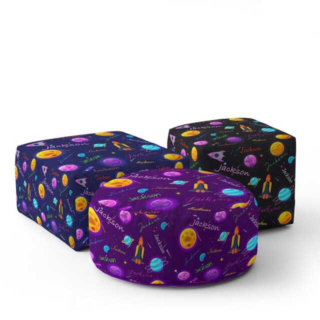 Personalised Space Planets Kids Pouffe - Custom Name & Background Colour Fun Galaxy Seat Bedroom Decor Theme Furniture Gift - image 1