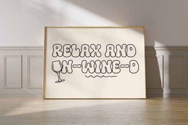 Relax & Un-Wine-D Typography Print - Wine Kitchen Poster, Friends, Cafe Diner, Glass Illustration, Trendy Aesthetic - image 1