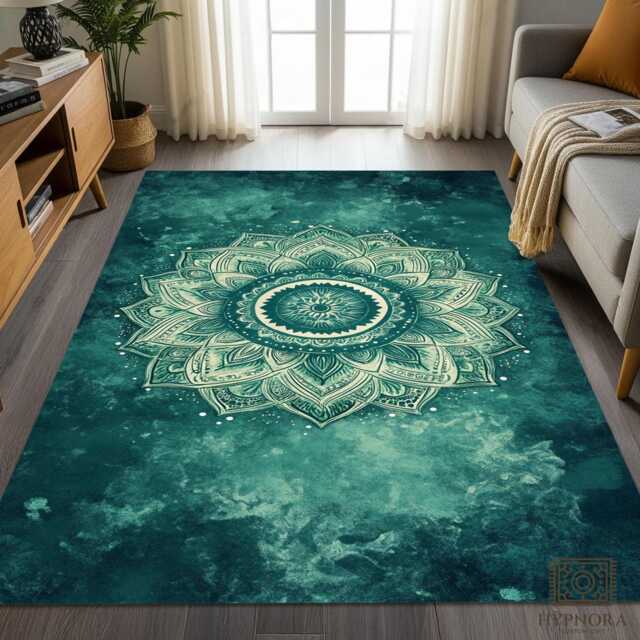 Teal Mandala Area Rug Bohemian Lotus Flower, Yoga Mat - image 1