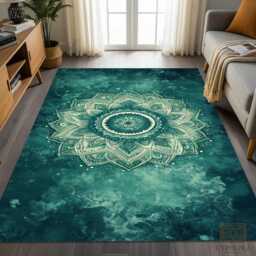 Teal Mandala Area Rug Bohemian Lotus Flower, Yoga Mat