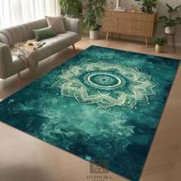 Teal Mandala Area Rug Bohemian Lotus Flower, Yoga Mat - thumbnail 2