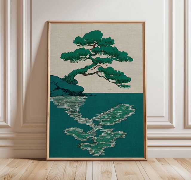 Japanese Tree Reflection Print, Zen Nature Wall Art, Minimalist Landscape Artwork, Calm Botanical Home Decor, Serenity Art - image 1