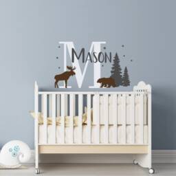 Custom Name Vinyl Wall Decal Moose, Bear, Forest Nursery Decor Ww228