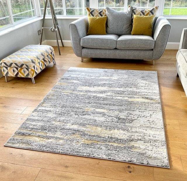 New Modern Ochre Gold Silver Grey Cream Metallic Marble Wave Design Rug Colorful Silky Soft Good Quality Floor Area Mats UK - image 1