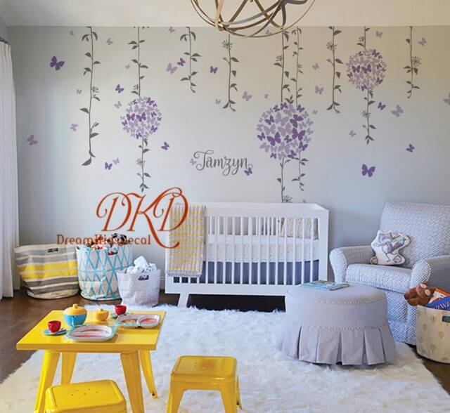 Cherry Blossom Wall Decal Butterfly Decals Flower Set Vines Vinyl Nursery Forkids Room Custom Name Decal-Dk027 - image 1