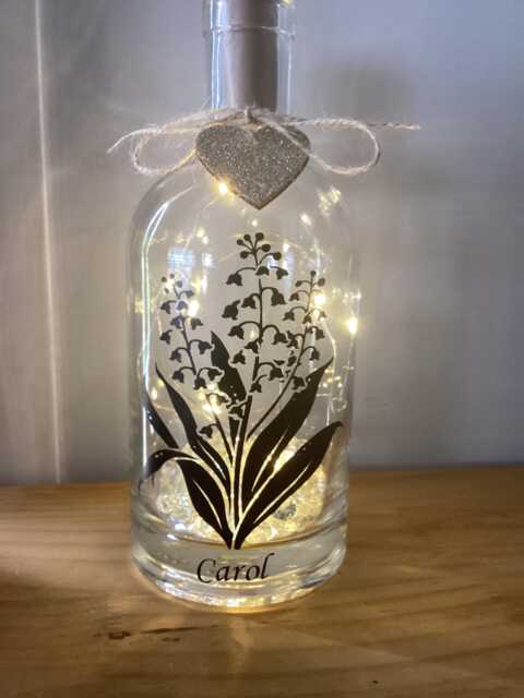 Personalised Lily Of The Valley Birth Flower, May Light Up Bottle, Bottle Lamp With Gift Messaging Service & Bag - image 1