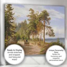Sunlit Forest Road Beside Lake Nordic Landscape Oil Painting Canvas Wall Art Print Decor Picture Ready To Hang - thumbnail 3