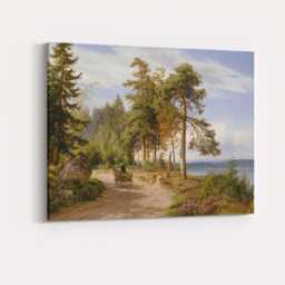 Sunlit Forest Road Beside Lake Nordic Landscape Oil Painting Canvas Wall Art Print Decor Picture Ready To Hang - thumbnail 4