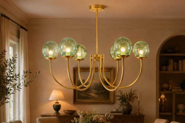 Castle 6-Light Brass Chandelier - Brushed With Green Globe Glass Seeded White Pendant Light Medieval Inspired - image 1
