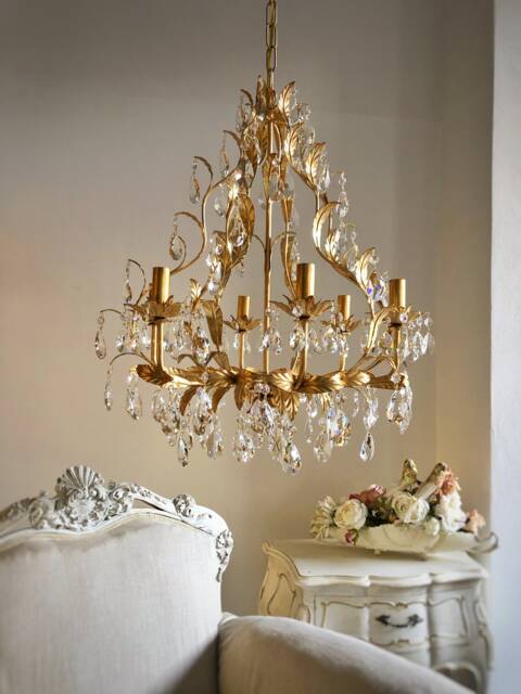 Made in Italy 24 Kt Gold Leaf Birdcage Crystal Chandelier, 6 Arms Asfour Crystals - image 1
