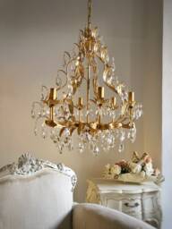 Made in Italy 24 Kt Gold Leaf Birdcage Crystal Chandelier, 6 Arms Asfour Crystals - thumbnail 1