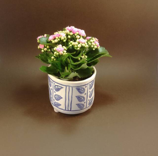 Handmade Delft Blue Pottery Planter Striped Leaf Design, Small Feet - image 1