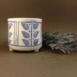 Handmade Delft Blue Pottery Planter Striped Leaf Design, Small Feet - thumbnail 2