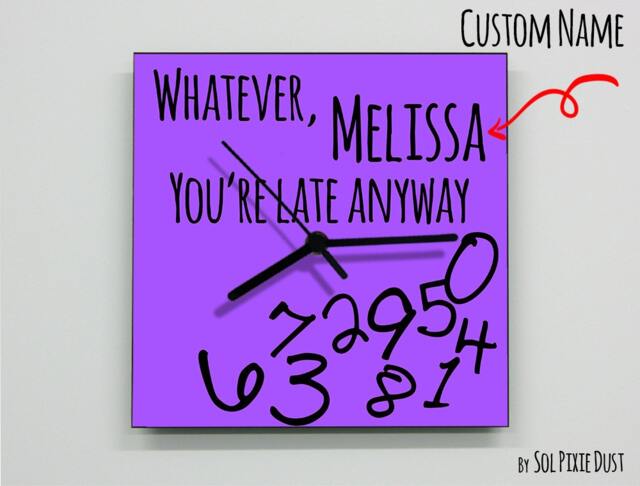Custom Name Whatever, You're Late Anyway/Square Purple - Wall Clock - image 1