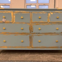 Beautiful Painted Large Chest Of Drawers Champness Cornflower Blue Gold Leaf Bee Handles - thumbnail 2