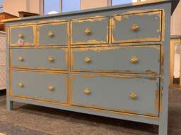 Beautiful Painted Large Chest Of Drawers Champness Cornflower Blue Gold Leaf Bee Handles