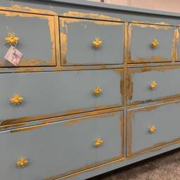 Beautiful Painted Large Chest Of Drawers Champness Cornflower Blue Gold Leaf Bee Handles - thumbnail 3