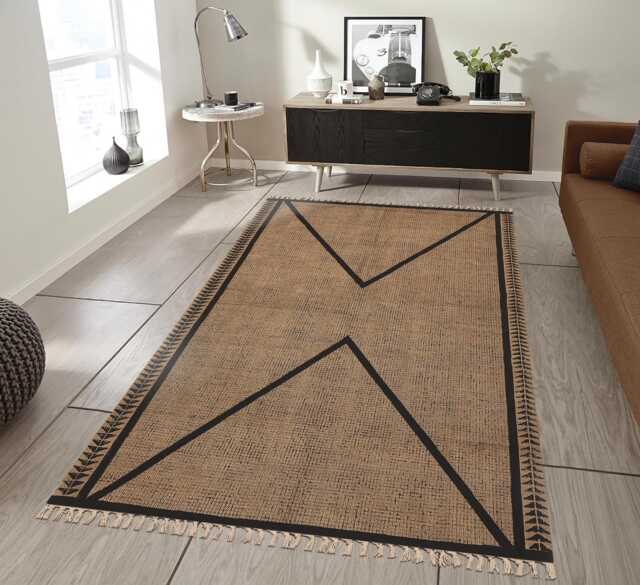 Jute Area Rug With Geometric Design, Natural Fiber Woven Floor Covering - image 1