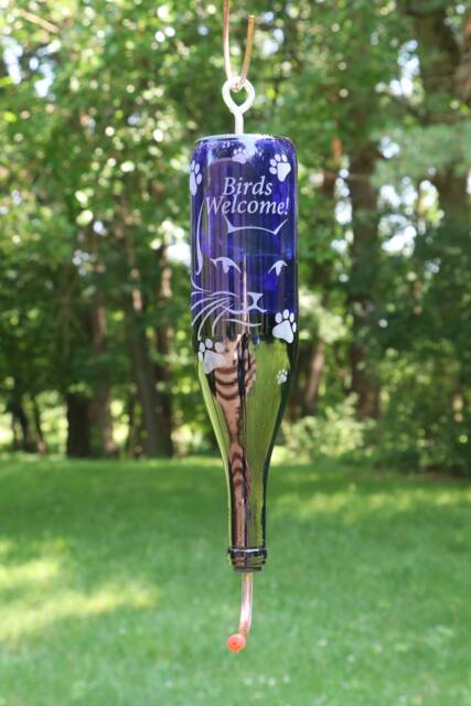 New Etched Cat Lover's Recycled Wine Bottle Hummingbird Or Bird Feeder - image 1