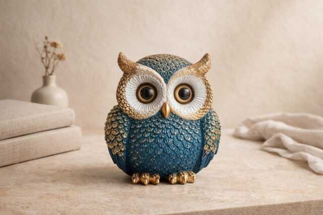 Blue & Gold Owl Figurine, Hand-Finished Decor - Personalised Option - image 1