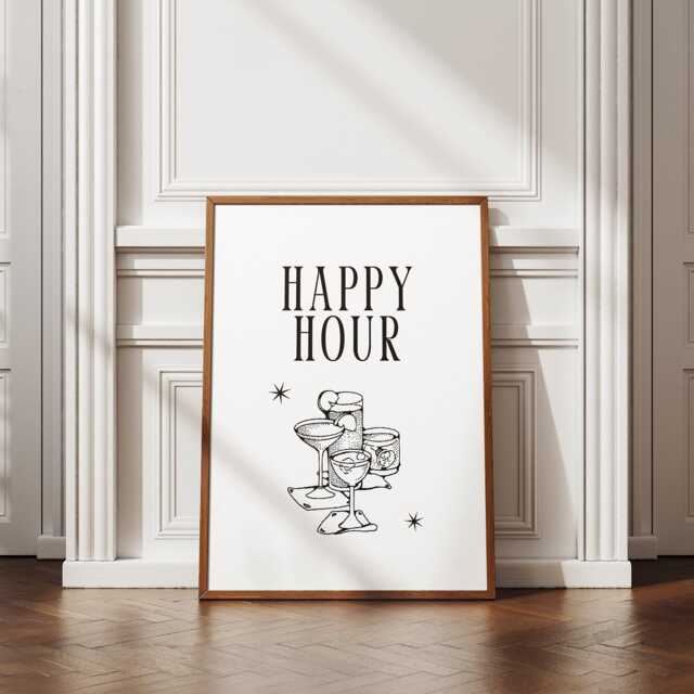 Happy Hour - Text With Stars Poster Home Bar, Modern Decor, Cool Print, Kitchen Wall Art, Cocktail Lover, Happy Art - image 1