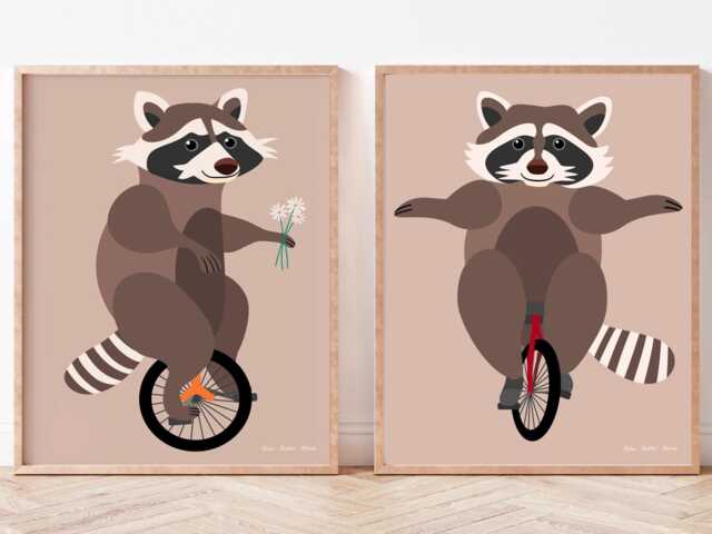 Raccoon Illustration Set, Raccoons On A Unicycle Fun Art, Animals Having Fun, Trash Panda Digital Printable Wall Hanging, Bouquets - image 1