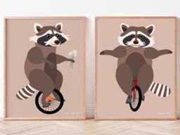 Raccoon Illustration Set, Raccoons On A Unicycle Fun Art, Animals Having Fun, Trash Panda Digital Printable Wall Hanging, Bouquets - thumbnail 1