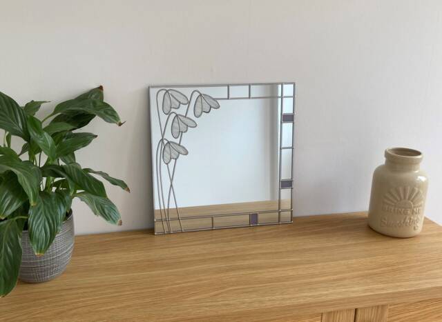 Rennie Mackintosh Style Stained Glass Effect Mirror Handmade Gift Wall Catfish Glass Art Nouveau Snowdrops 30x30cms - image 1