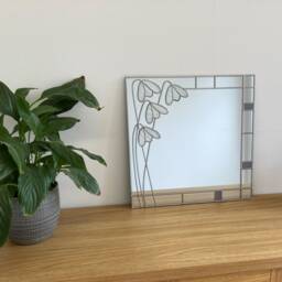 Rennie Mackintosh Style Stained Glass Effect Mirror Handmade Gift Wall Catfish Glass Art Nouveau Snowdrops 30x30cms - thumbnail 2