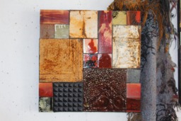 Sale Mixed Media Ceiling Tin Tile Assemblage Collage 21 Insq Organic Midcentury Oil Paint 150 Yr.old Patina Rust Indoor Outdoor Garden Art - thumbnail 1