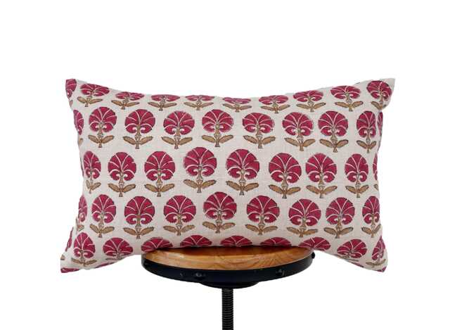 Block Print Linen Lumbar Pillow Cover Red , Camel Color Floral - image 1