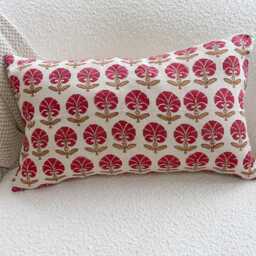 Block Print Linen Lumbar Pillow Cover Red , Camel Color Floral - thumbnail 4