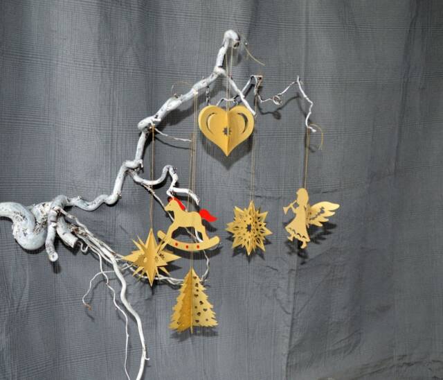 4 Golden 3D Paper Tags Angel, Christmas Tree, Rocking Horse, Stars, Art, Gift Tags, Mobile, Pendants