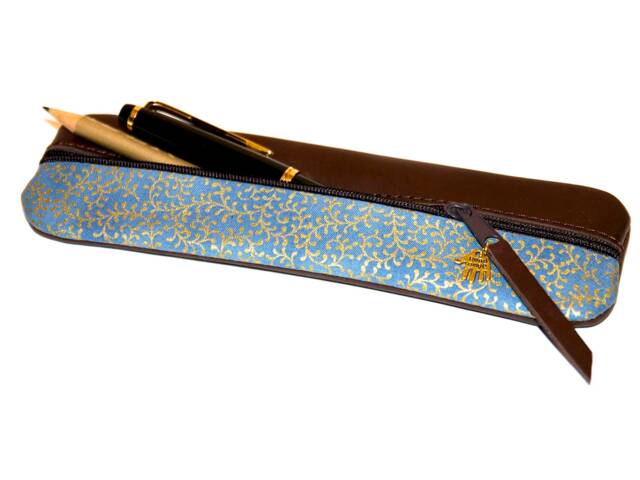 Pencil Case Leather & Fabric Japanese Blue Unique - image 1